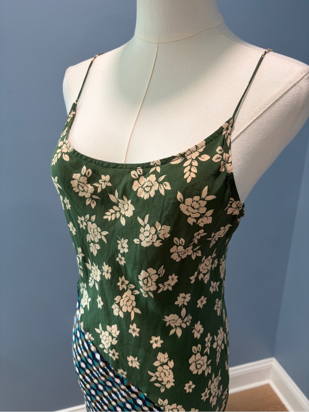 Anthropologie Kachel Patchwork 100% Silk Bias Cut Maxi Dress Green Blue Floral - Picture 4 of 8
